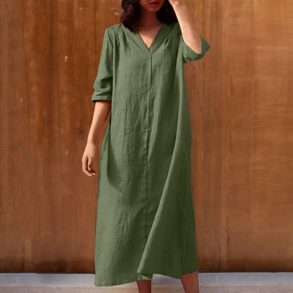 Vmvidoty Women's Summer Casual Elbow-Length Cotton Linen Sun Dress Maxi Tunic Loose Beach Dress Army Green XL