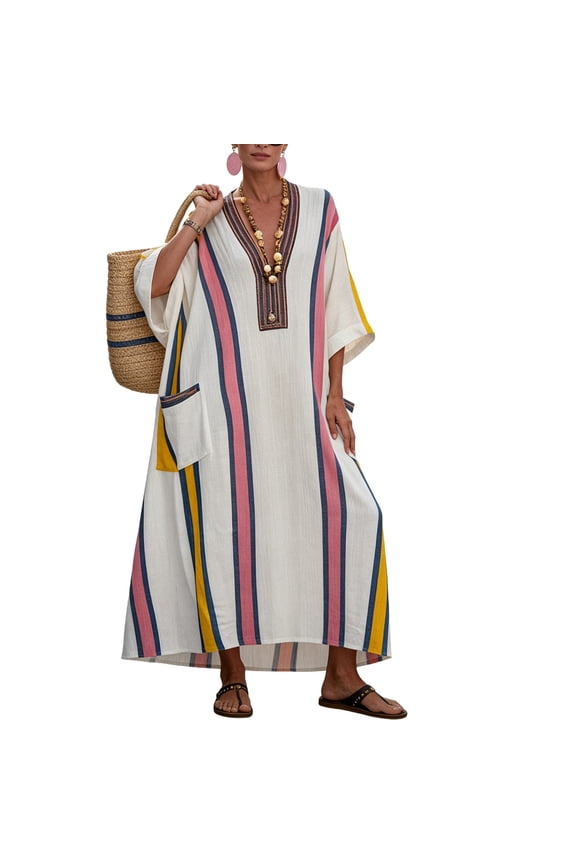 Women's Summer Loose Oversized Cotton Dress V Neck Boho Color Block Long Kaftan with Split Pink 5XL
