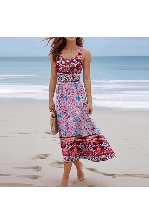 Women's Summer Midi Dress Smocked Gingham Halter Crew Neck Sundress Elegant Flowy A Line Beach Long Dresses Red M