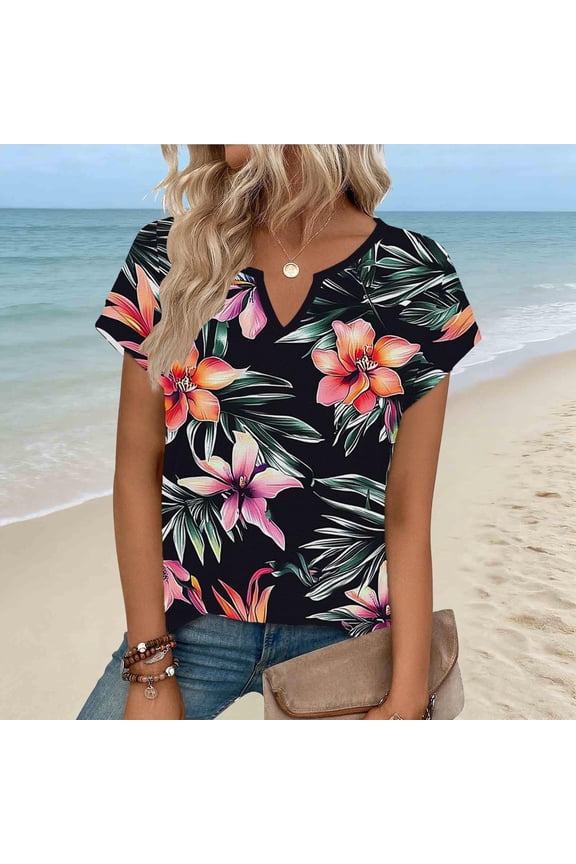 Women's Summer Tops Casual Notched Neck Short Sleeve Shirts Lightweight Blouses Black M