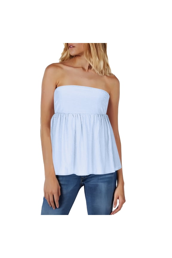 Women's Tube Tops Ruffle Hem Sleeveless Peplum Bandeau Strappy Cami Tank Top Light Blue L
