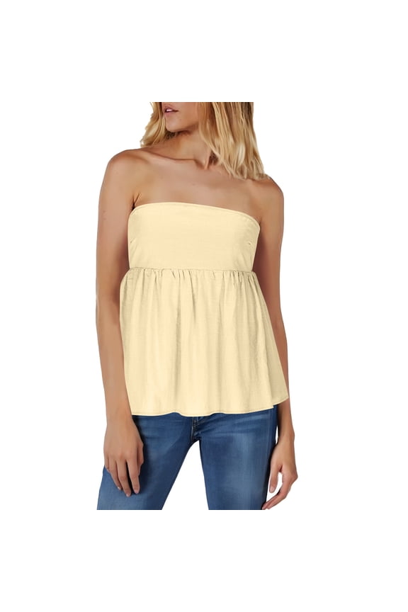 Women's Tube Tops Ruffle Hem Sleeveless Peplum Bandeau Strappy Cami Tank Top Yellow L