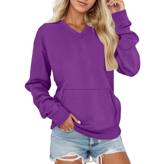 Vmvidoty Women's V-Neck Drop Shoulder Sweatshirt Casual Loose Fit Long Sleeve Pullover with Pockets(Purple, L)