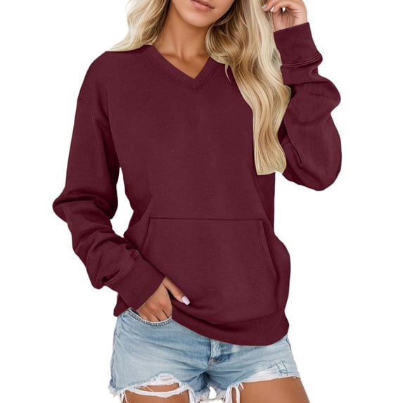 Vmvidoty Women's V-Neck Drop Shoulder Sweatshirt Casual Loose Fit Long Sleeve Pullover with Pockets(Wine, XL)