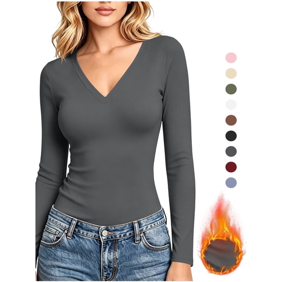 Vmvidoty Women's V-Neck Long Sleeve Slim Fit Undershirt, Dark Gray