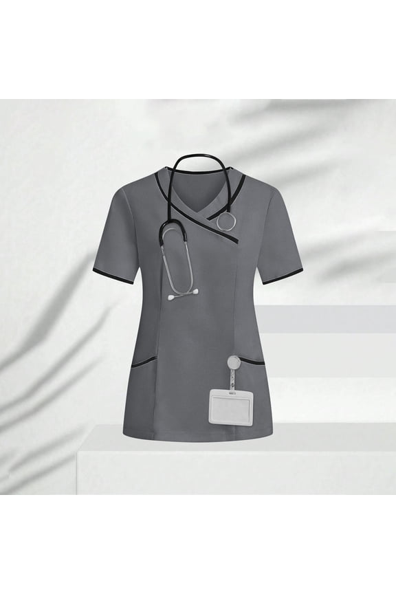 Women's V-Neck Nurse Top - Modern Classic Shirt with 2 Pockets Dark Gray 3XL