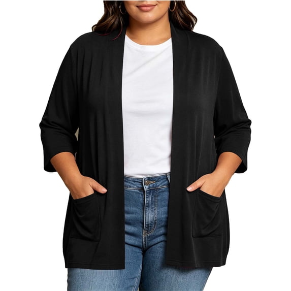 Vmvidoty Women's and Women's Plus Size Cardigan for Women 3/4 Sleeve Casual Open Front Light Cardigan Black 3XL