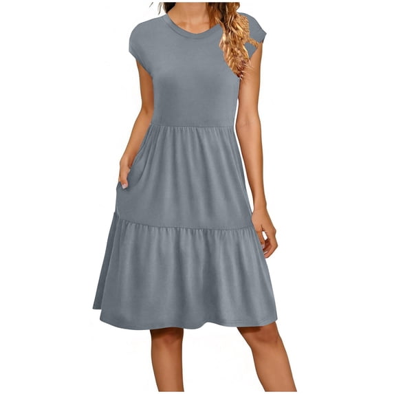 Vmvidoty Womens 2026 Summer Smocked Dress Short Flutter Sleeve Crew Neck Babydoll Ruffle Tiered Mini Dress Gray S