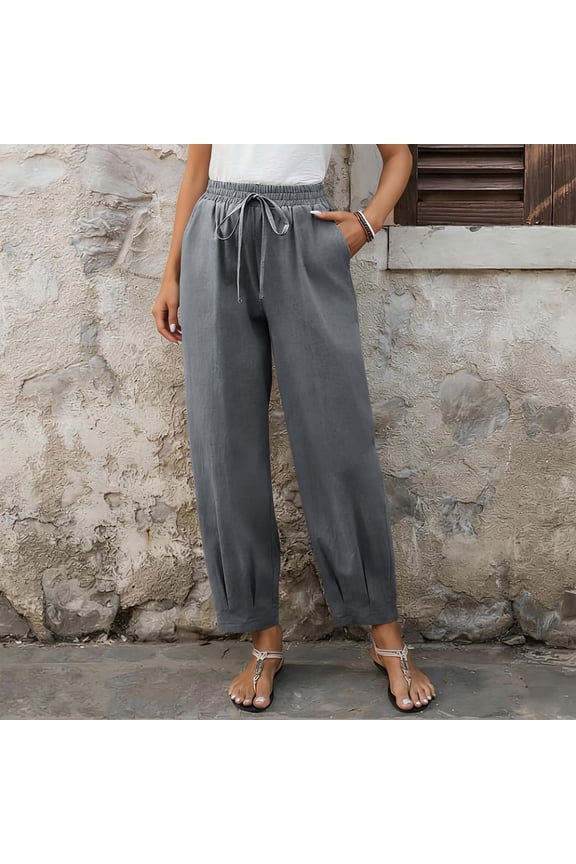 Womens Baggy Wide Leg Pants Elastic Waisted Casual Palazzo Harem Pants Summer Beach Trousers with Pockets Gray S