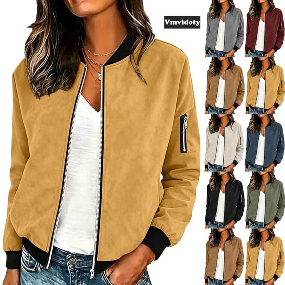 Vmvidoty Womens Bomber Jacket Holiday Lightweight Casual Outerwear Long Sleeve Going Out Tops Fall Spring Fashion Short Coats with Pockets Yellow L