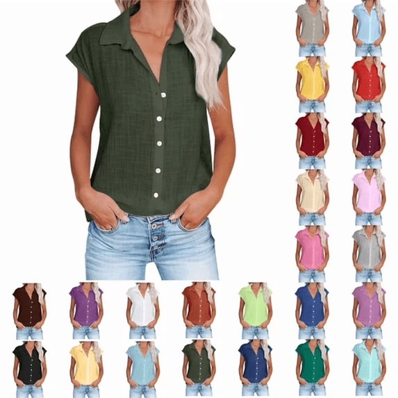 Vmvidoty Womens Button Down Shirts Cotton Linen Sleeveless Blouses 2026 Summer V Neck Basic Casual Tops for Women S-5XL Army Green S