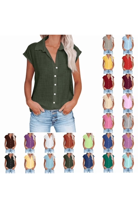 Womens Button Down Shirts Cotton Linen Sleeveless Blouses 2026 Summer V Neck Basic Casual Tops for Women S-5XL Army Green S
