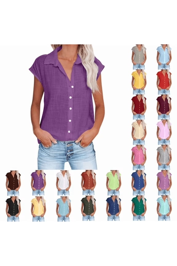Womens Button Down Shirts Cotton Linen Sleeveless Blouses 2026 Summer V Neck Basic Casual Tops for Women S-5XL Dark Purple L