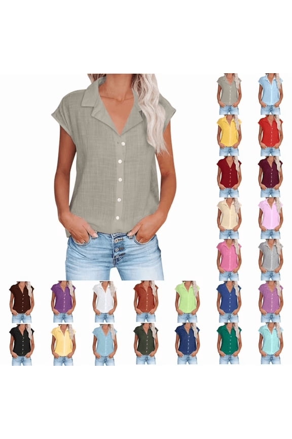 Womens Button Down Shirts Cotton Linen Sleeveless Blouses 2026 Summer V Neck Basic Casual Tops for Women S-5XL Khaki L