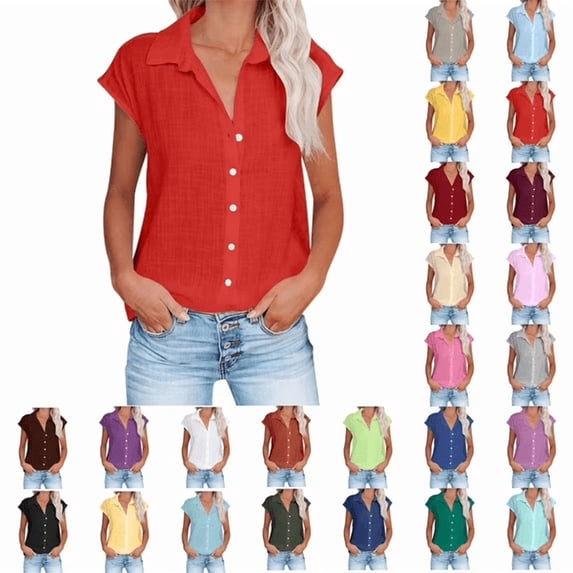 Vmvidoty Womens Button Down Shirts Cotton Linen Sleeveless Blouses 2026 Summer V Neck Basic Casual Tops for Women S-5XL Red L