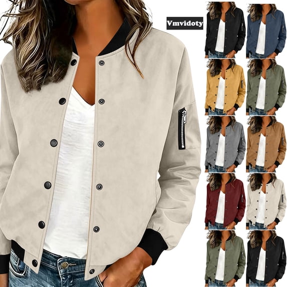 Vmvidoty Womens Button-Front Bomber Jacket Lightweight With Ribbed Contrast Panels And Kangaroo Pocket Casual Lined Athletic Jackets White M