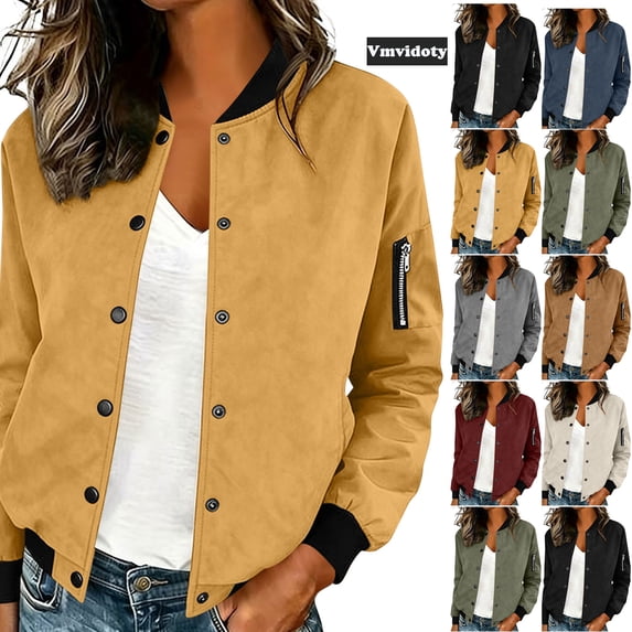 Vmvidoty Womens Button-Front Bomber Jacket Lightweight With Ribbed Contrast Panels And Kangaroo Pocket Casual Lined Athletic Jackets Yellow S