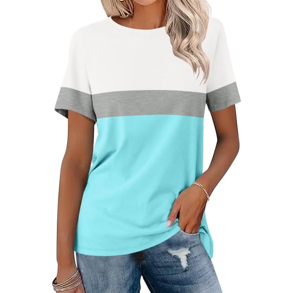 Vmvidoty Womens Casual Cotton Tops Color Block Ruffled Crewneck Women Striped Summer Casual Tee Loose Fit Shirt Light Blue XL