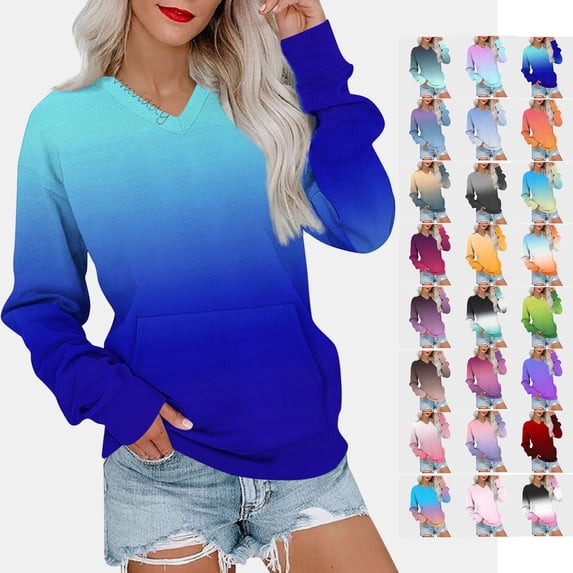 Vmvidoty Womens Casual V neck Sweatshirt Long Sleeve Tops Cute Pullover Loose Fit Indigo Blue S