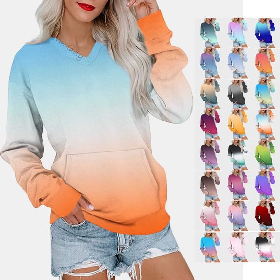 Vmvidoty Womens Casual V neck Sweatshirt Long Sleeve Tops Cute Pullover Loose Fit Orange2 2XL