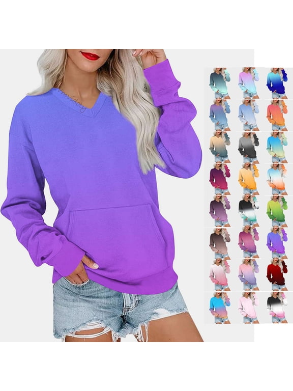 Womens Casual V neck Sweatshirt Long Sleeve Tops Cute Pullover Loose Fit Purple 2XL