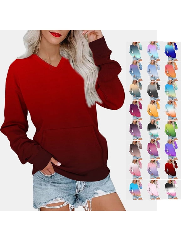 Womens Casual V neck Sweatshirt Long Sleeve Tops Cute Pullover Loose Fit Wine XL