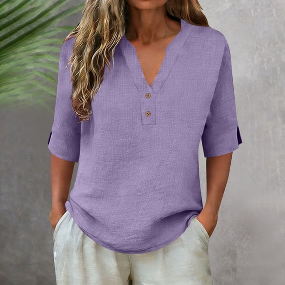 Vmvidoty Womens Cotton Linen Tops Button Dressy Summer Casual T-Shirts V Neck Tunic Tops Purple S