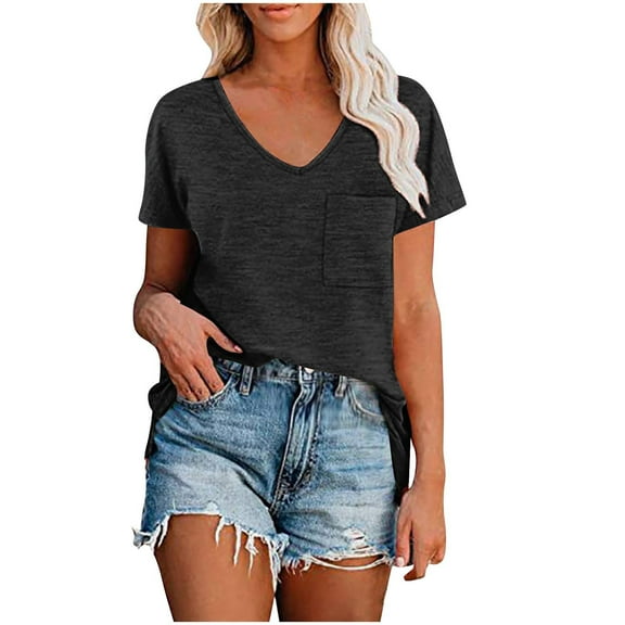 Vmvidoty Womens Cotton Tops Cap Short Sleeve Crop V Neck Basic Shirts Boxy Casual Spring Summer Clothing Black M