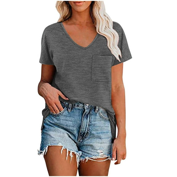 Vmvidoty Womens Cotton Tops Cap Short Sleeve Crop V Neck Basic Shirts Boxy Casual Spring Summer Clothing Gray XXL