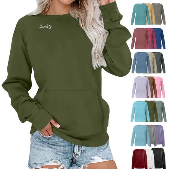 Vmvidoty Womens Crew Neck Sweatshirt with Pockets Hoodless Hoodies Fleece Pullover Casual Loose Fit Long Sleeve Tops Army Green L