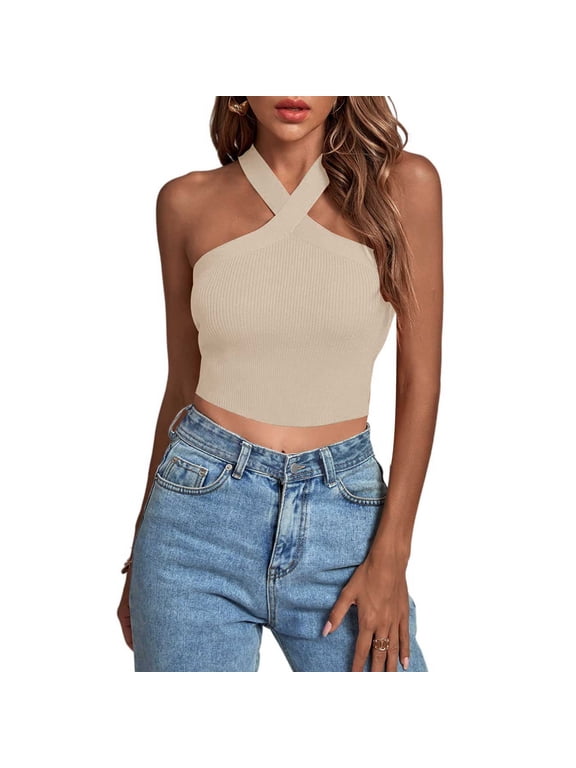 Womens Criss Cross Halter Sweater Vest Tops Summer Sleeveless Pullover Casual Lightweight V Neck Knit Tank Top Beige XXL