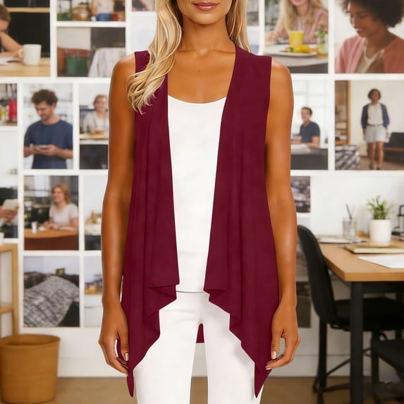 Vmvidoty Womens Long Vests Sleeveless Draped Lightweight Open Front Cardigan Layering Vest Red L