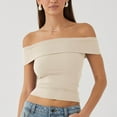 thumbnail image 1 of Vmvidoty Womens Off The Shoulder Tops Double Lined Short Sleeve T Shirts Slim Fitted Stretchy Crop Top Beige M, 1 of 7
