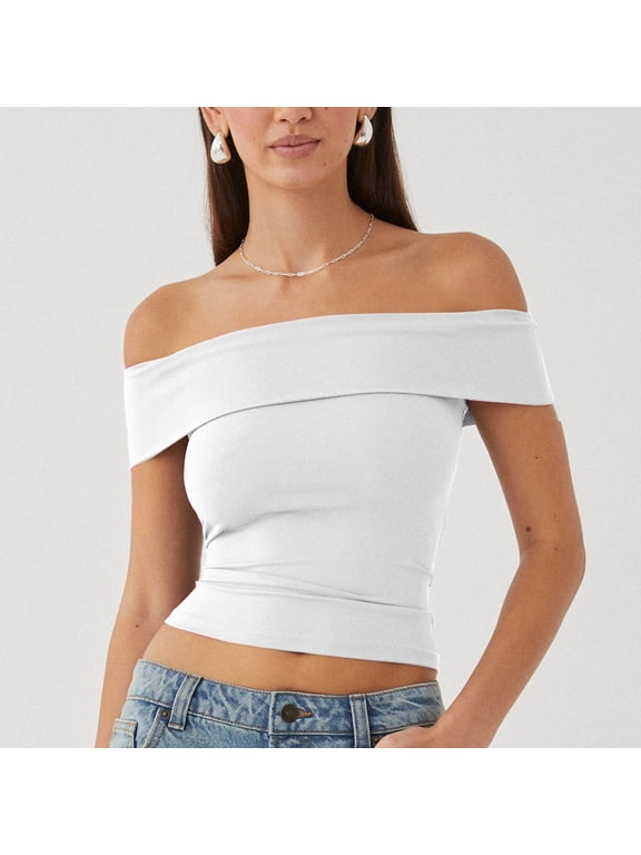 Womens Off The Shoulder Tops Double Lined Short Sleeve T Shirts Slim Fitted Stretchy Crop Top White M