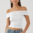 thumbnail image 1 of Vmvidoty Womens Off The Shoulder Tops Double Lined Short Sleeve T Shirts Slim Fitted Stretchy Crop Top White S, 1 of 7