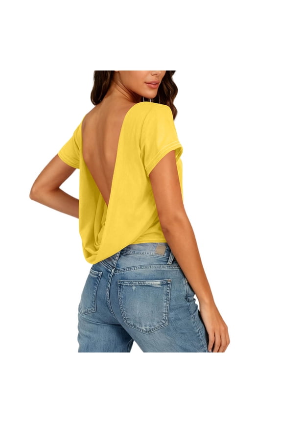 Womens Open Back Tops for Women Trendy Backless Shirt Short Sleeve Slim Fit Going Out Top Basic Clothes Yellow M