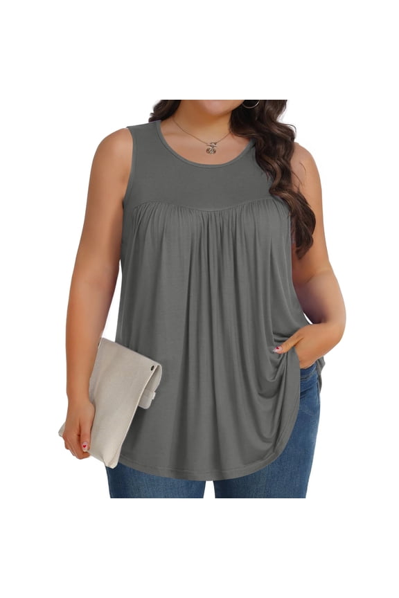 Plus Size Summer Tank Tops for Women 2026 Pleated Sleeveless Shirt,Crew Neck Soft Casual Loose Fit Ruched Tee Clothes Gray L