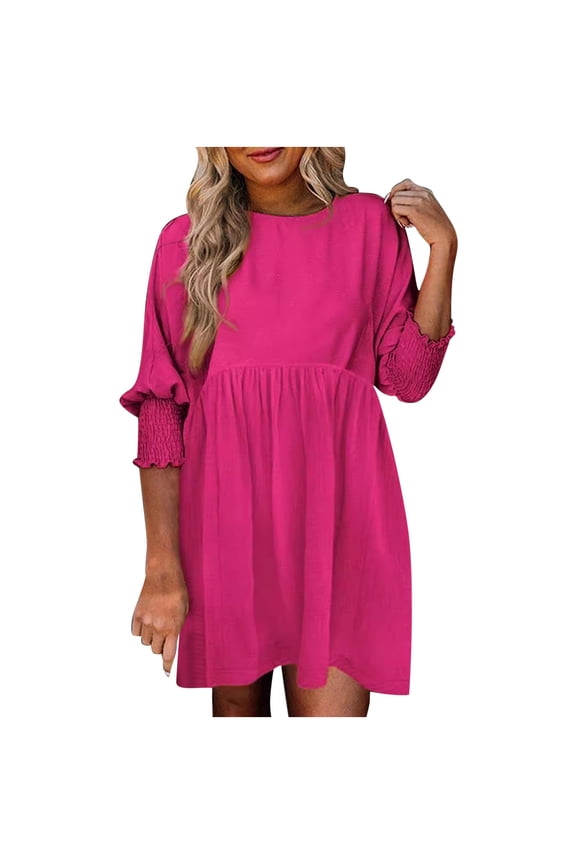Womens Plus Size Empire Waist 3/4 Sleeve Crew Neck Flowy Babydoll Mini Dress Hot Pink S