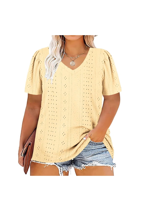 Womens Plus Size Summer Tops,V Neck T Shirts Puff Short Sleeve Blouses Eyelet Tunics L-4XL Yellow 3XL