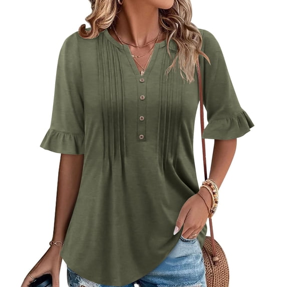 Vmvidoty Womens Plus Size Tops 3/4 Ruffle Sleeve Shirt Casual V Neck Pleated T Shirt Loose Fit Tunic Blouse Army Green S