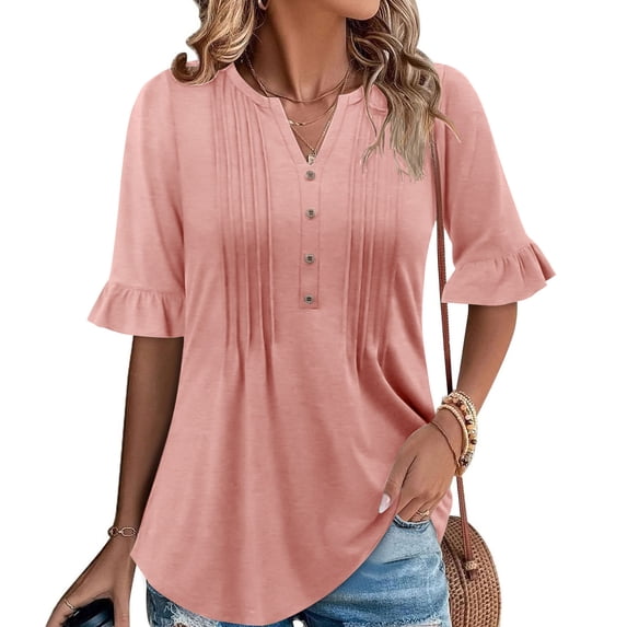 Vmvidoty Womens Plus Size Tops 3/4 Ruffle Sleeve Shirt Casual V Neck Pleated T Shirt Loose Fit Tunic Blouse Pink S