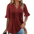 thumbnail image 1 of Vmvidoty Womens Plus Size Tops 3/4 Ruffle Sleeve Shirt Casual V Neck Pleated T Shirt Loose Fit Tunic Blouse Wine L, 1 of 9