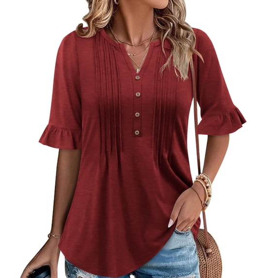 Vmvidoty Womens Plus Size Tops 3/4 Ruffle Sleeve Shirt Casual V Neck Pleated T Shirt Loose Fit Tunic Blouse Wine L