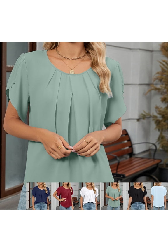 Womens Plus Size Tops Dressy Casual Summer Chiffon Blouses Short Sleeve Dress Shirts Business Loose Fit Tunics Green M