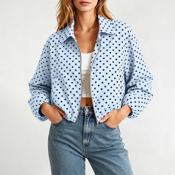 Vmvidoty Womens Polka Dot Cropped Jacket Zip Up 2026 Trendy Casual Fashion Jacket Coat with Pockets Light Blue XL