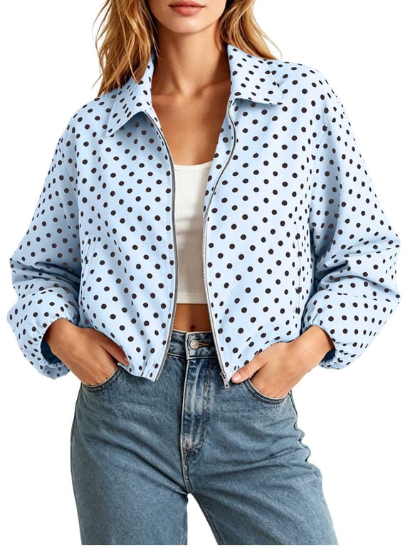 Polka Dot Cropped Zip-Up Fashion Jackets Women's (Light Blue, XS)