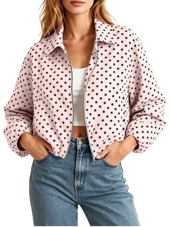 Womens Polka Dot Cropped Jacket Zip Up 2026 Trendy Casual Fashion Jacket Coat with Pockets Pink M