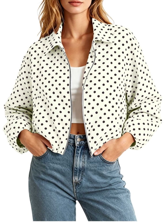 Polka Dot Cropped Zip-Up Fashion Jackets Women's (White, L)