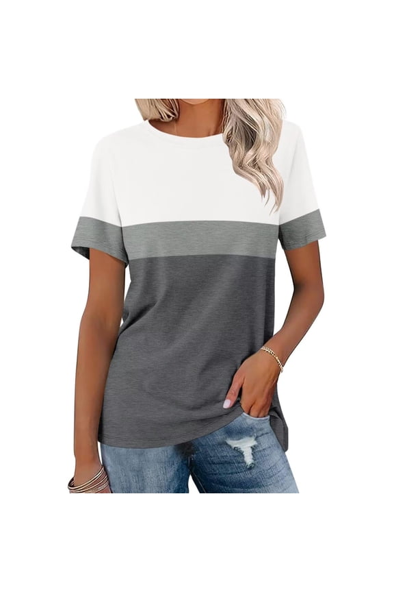 Womens Popular Tops Color Block Ruffled Crewneck Women Striped Summer Casual Tee Loose Fit Shirt Gray L