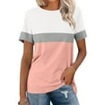 thumbnail image 1 of Vmvidoty Womens Popular Tops Color Block Ruffled Crewneck Women Striped Summer Casual Tee Loose Fit Shirt Pink L, 1 of 7